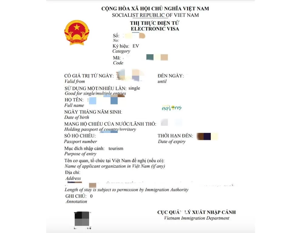 越南旅遊電子簽證長什麼樣子