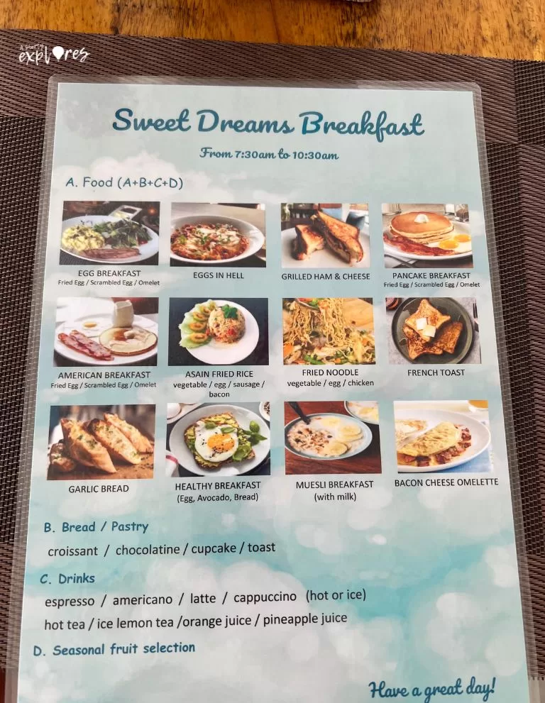 Sweet dreams Koh Rong resort breakfast menu
