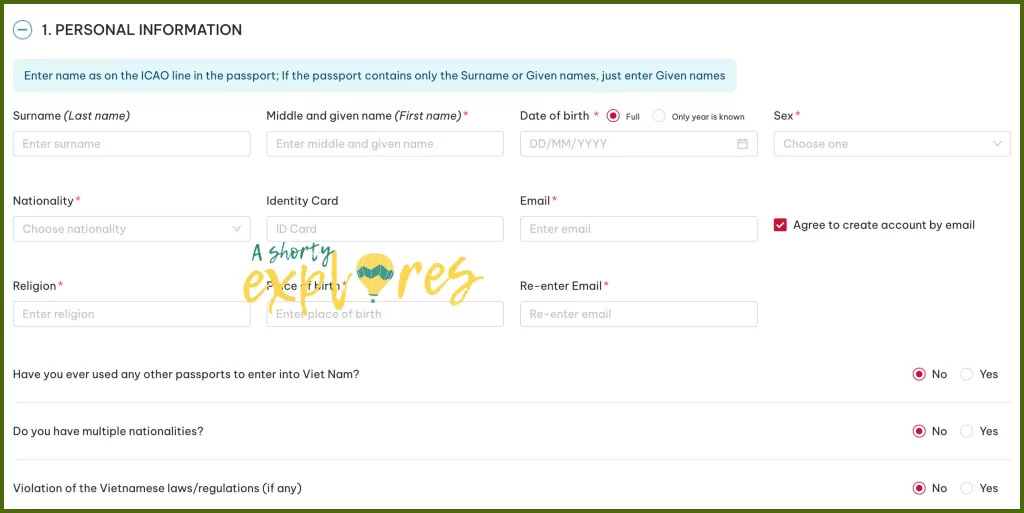 Vietnam e-visa personal information