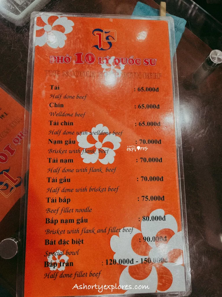 Hanoi Pho 10 Ly Quoc Su menu