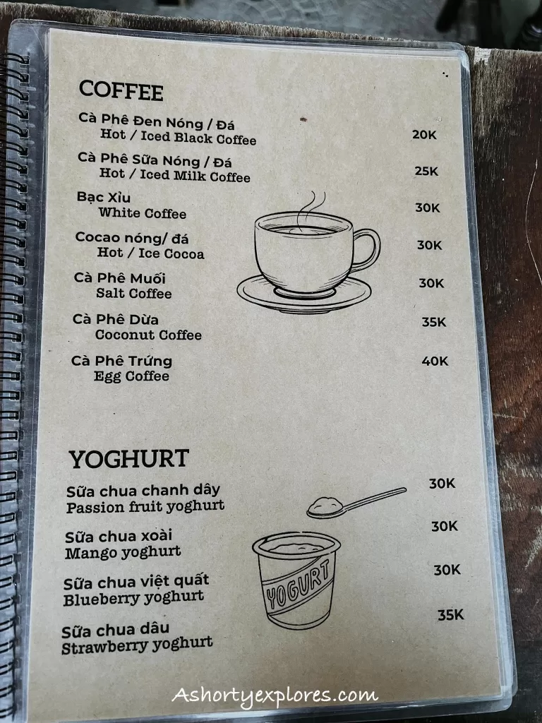 Hoi An coconut coffee shop menu